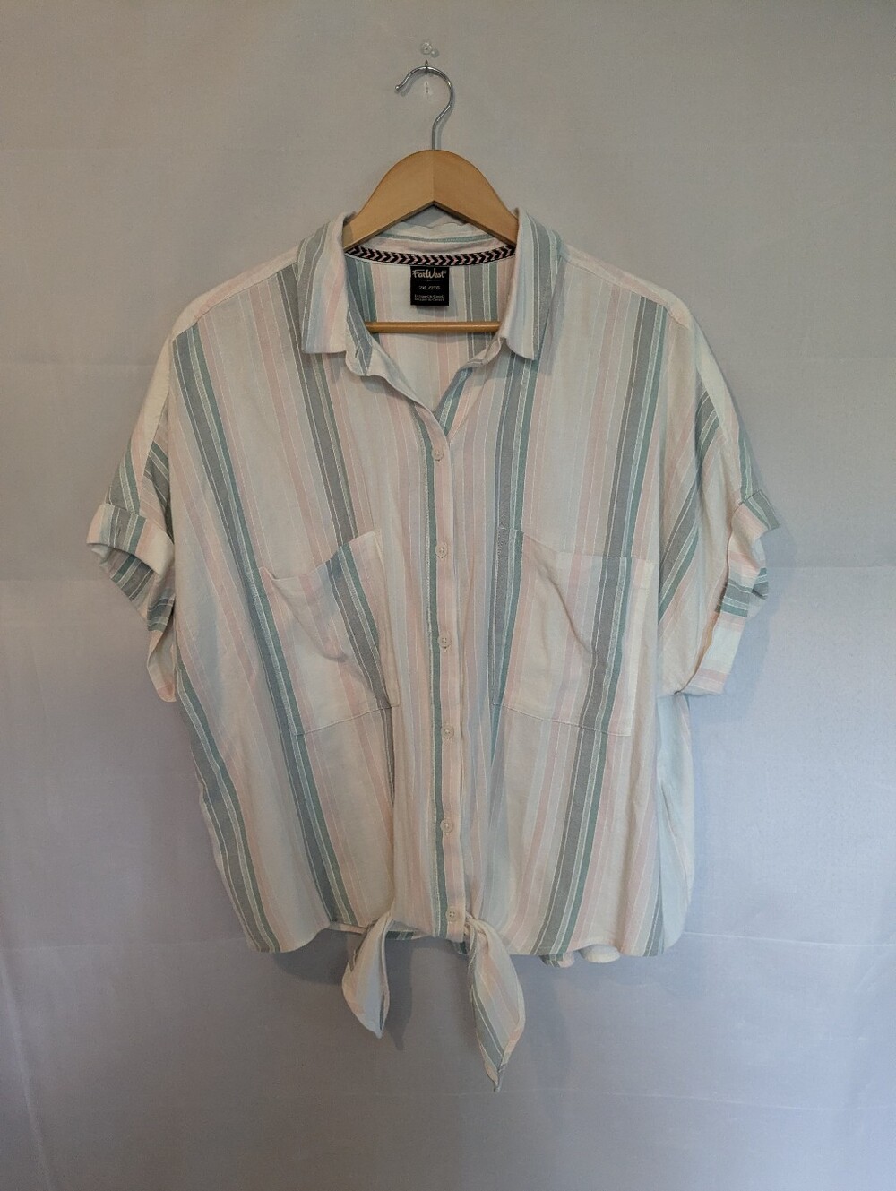 FarWest Pastel Striped Dolman Short-Sleeve Tie-Front Button Down Shirt 2X